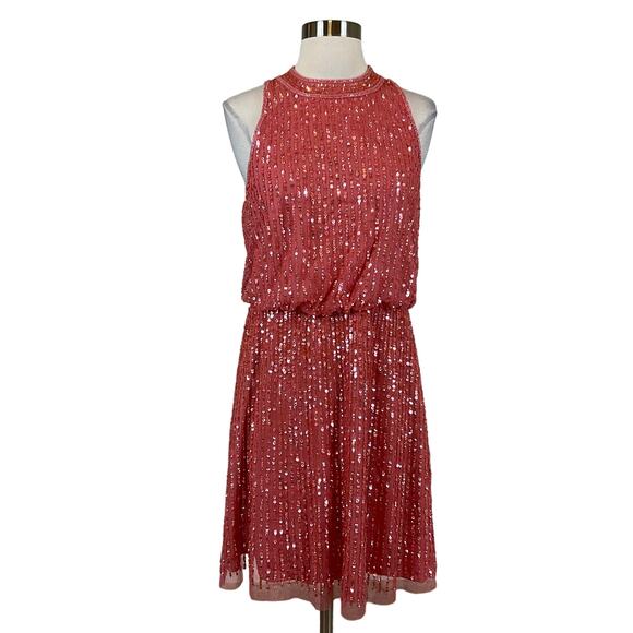 Adrianna Papell Women's Cocktail Dress Size 20W Coral Pink Sequined Mini Sheath - Picture 1 of 12